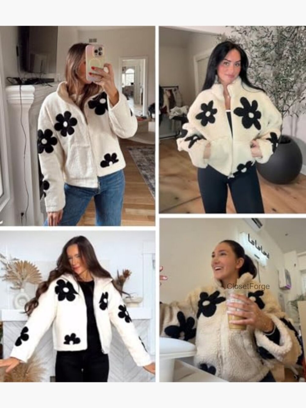 Womens Floral Sherpa Fleece Jacket Cropped Zip Up Long Sleeve Casual Winter - Picture 6 of 7